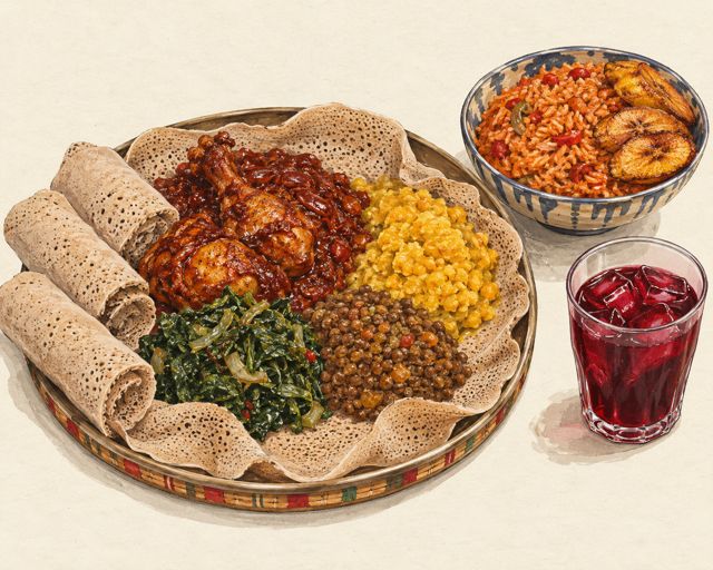 Illustration of African dishes: injera with stews and jollof rice