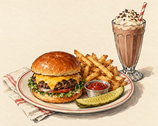 Illustration of an American table: a burger, fries and a pickle