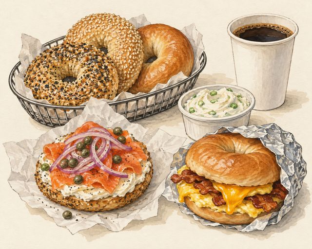 Illustration of New York bagels: lox and cream cheese, a bacon-egg-and-cheese and coffee