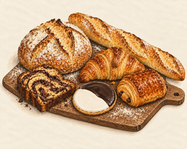 Illustration of a bakery counter: loaves, croissants and pastries