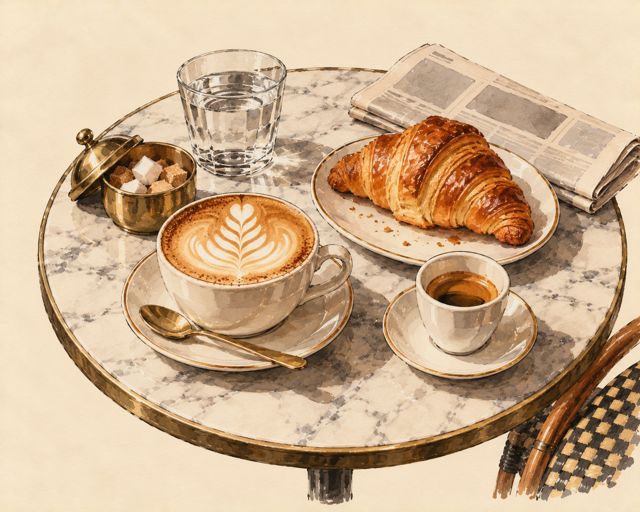 Illustration of a café table: espresso, cappuccino and a pastry