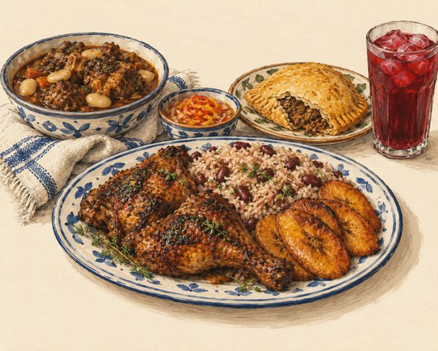 Illustration of a Caribbean plate: rice and beans, plantains and stew