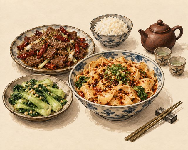 Illustration of a Chinese table: hand-pulled noodles and stir-fries