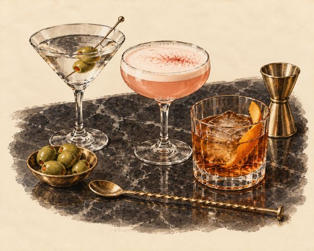 Illustration of cocktails on a bar top