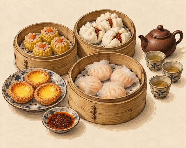 Illustration of dim sum in bamboo steamers with tea