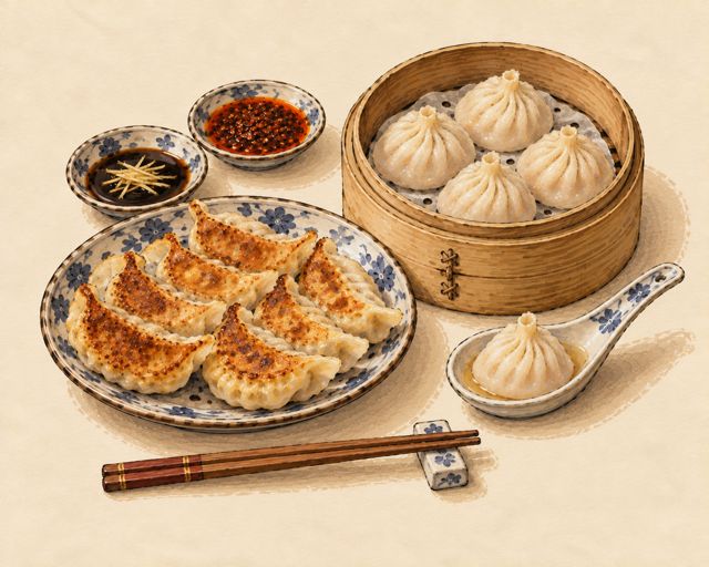 Illustration of dumplings and soup dumplings with black vinegar