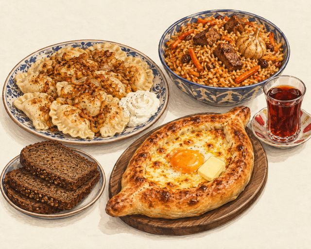 Illustration of Eastern European dishes: pierogi, khachapuri and plov