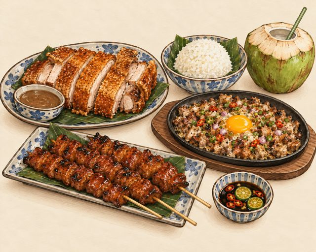 Illustration of a Filipino feast: lechon, sisig and rice