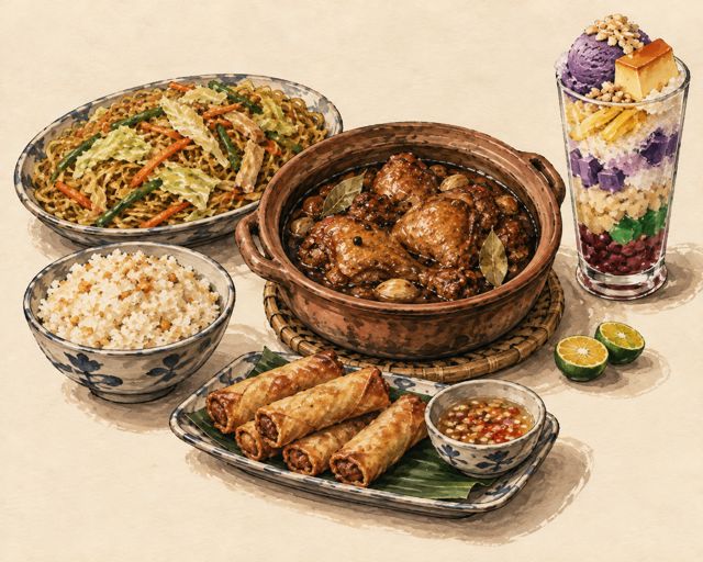 Illustration of a Filipino spread: adobo, pancit, lumpia and halo-halo