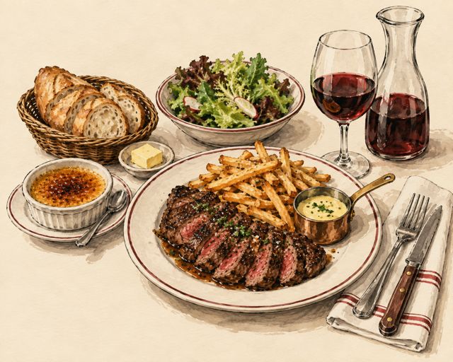 Illustration of a French bistro table: steak frites and wine