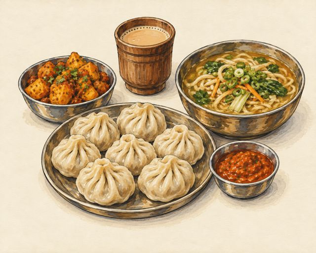 Illustration of Himalayan momos with chili sauce and butter tea