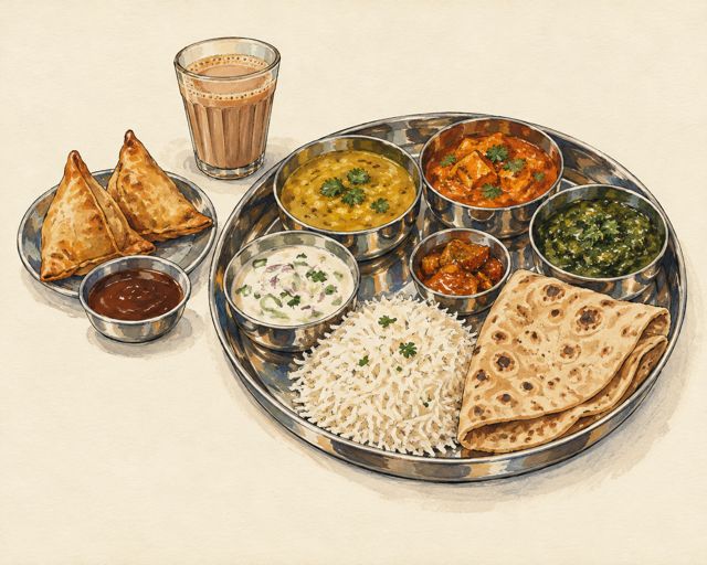 Illustration of a South Asian thali with curries, rice and bread