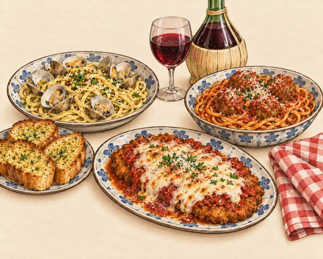 Illustration of Italian-American red-sauce classics: chicken parm and meatballs