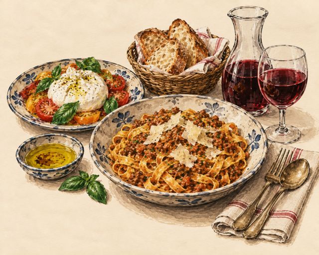 Illustration of an Italian table: fresh pasta, red wine and bread