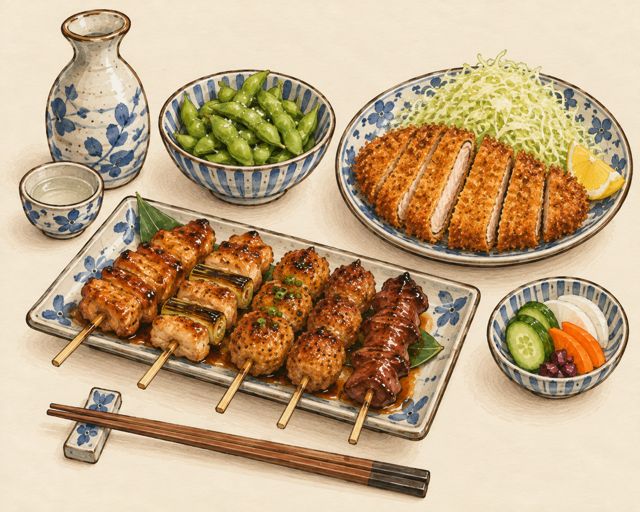 Illustration of an izakaya table: yakitori, katsu and sake