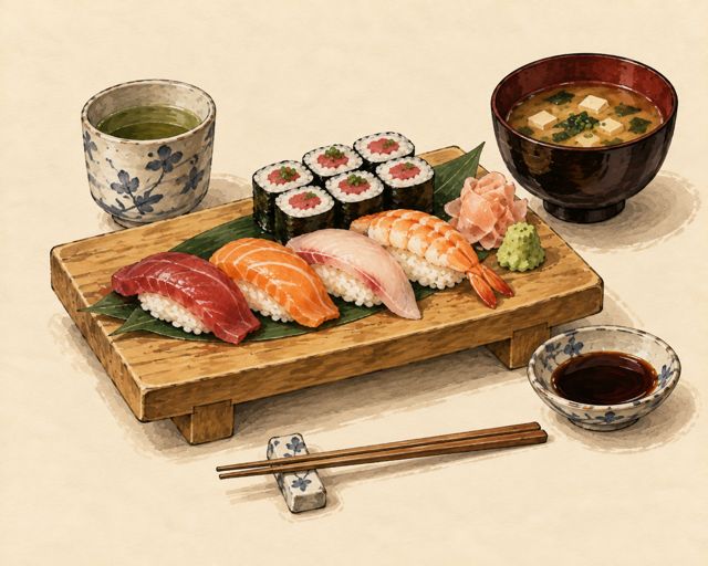 Illustration of a Japanese sushi set with miso soup and tea