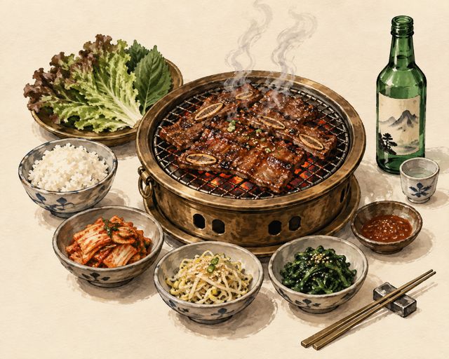 Illustration of Korean barbecue: galbi on a charcoal grill with banchan
