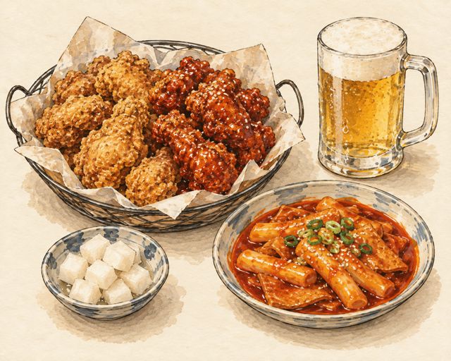 Illustration of Korean fried chicken, tteokbokki and beer