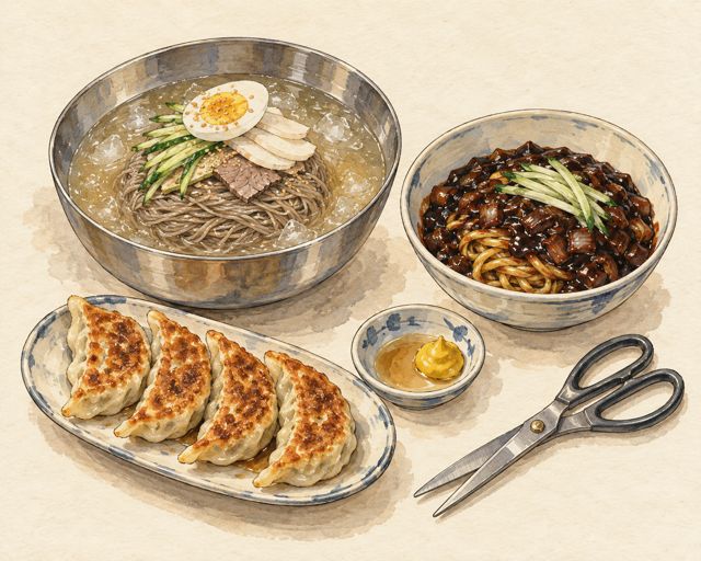 Illustration of Korean noodles: cold naengmyeon, jajangmyeon and mandu