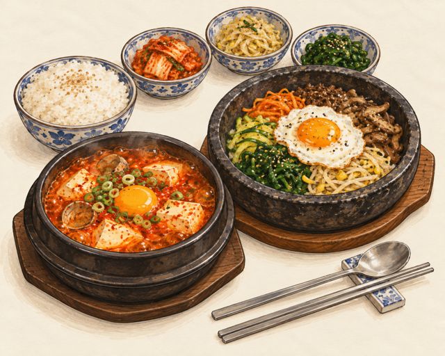 Illustration of Korean soft tofu stew and stone-bowl bibimbap with banchan