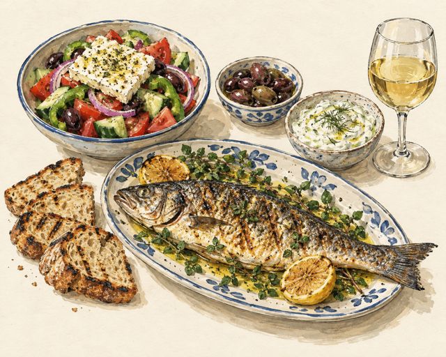 Illustration of a Mediterranean table: grilled fish, olives and salad