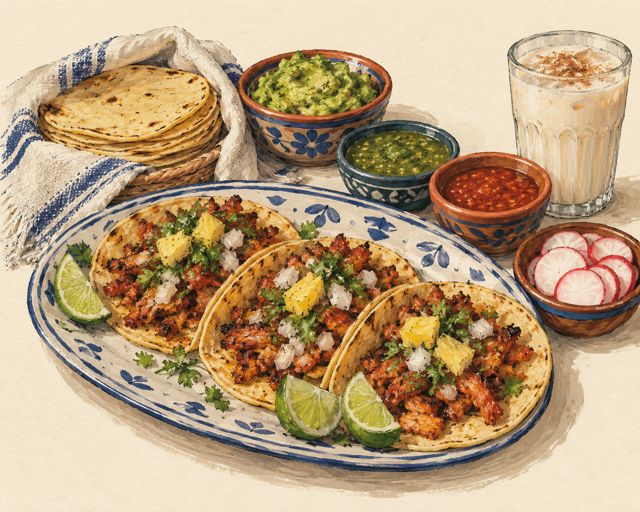 Illustration of tacos, salsas and limes on a Mexican table