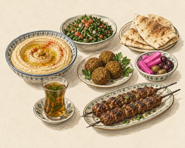 Illustration of Middle Eastern mezze: hummus, kebabs and flatbread