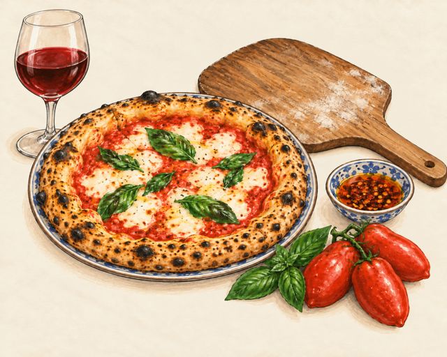 Illustration of a blistered wood-fired Neapolitan pizza