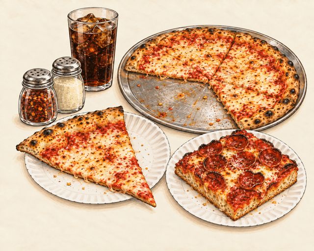 Illustration of a New York slice-shop counter with plain and square slices