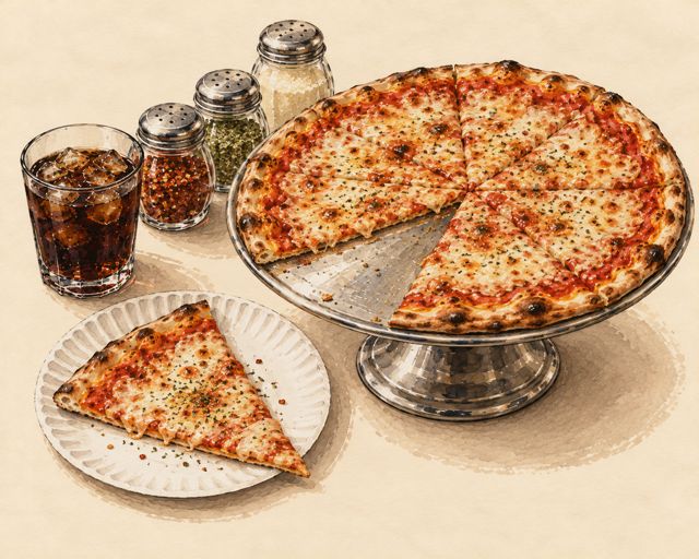 Illustration of a New York pizza pie on a metal stand
