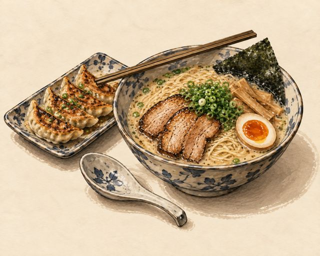 Illustration of a bowl of ramen with chashu and a soft egg
