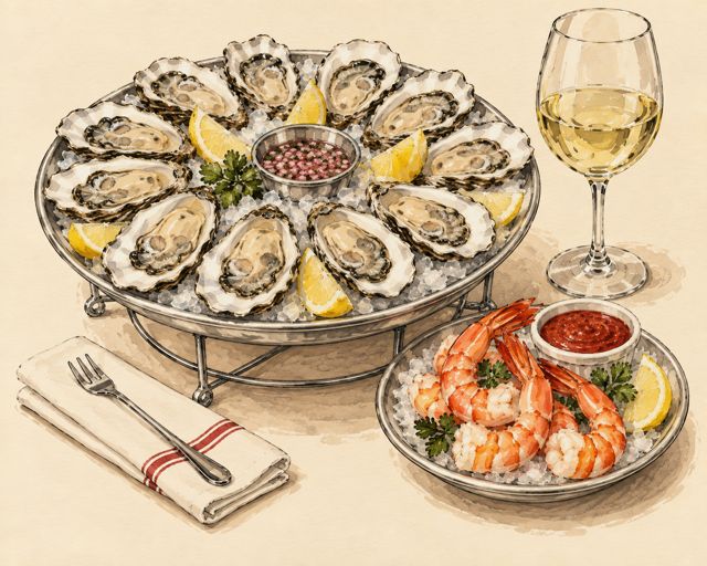 Illustration of oysters on ice with lemon and mignonette