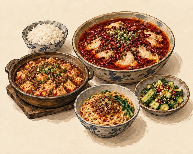 Illustration of Sichuan dishes: mapo tofu and chili-laced fish