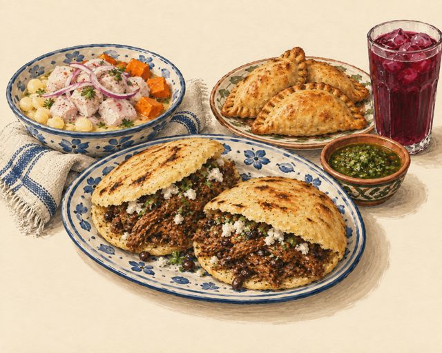 Illustration of South American dishes: arepas, empanadas and ceviche