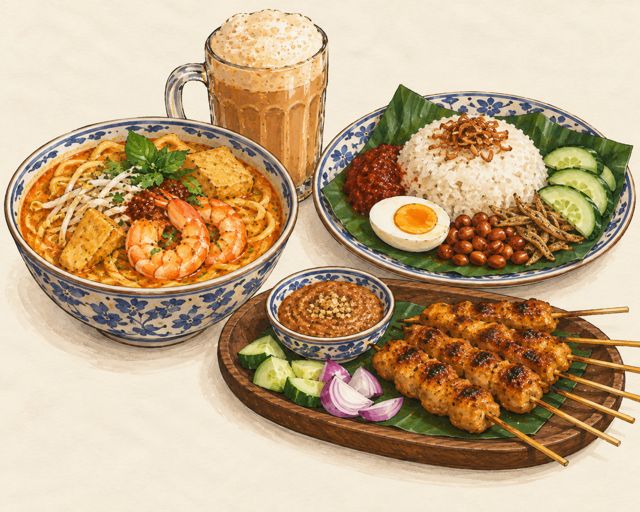 Illustration of Southeast Asian dishes: laksa, nasi lemak and satay