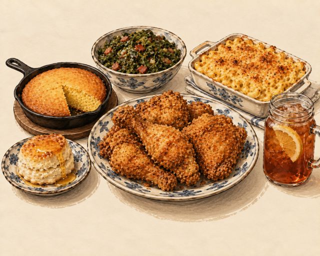 Illustration of Southern cooking: fried chicken, cornbread and greens