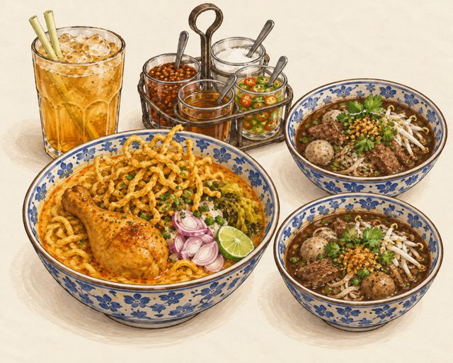 Illustration of Thai noodle soups: khao soi and boat noodles