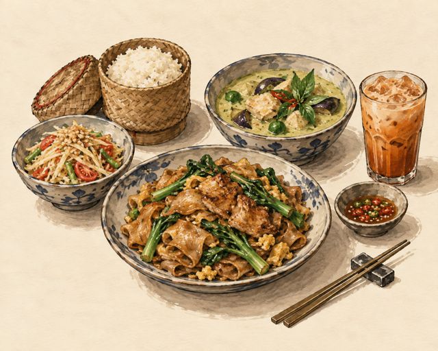 Illustration of a Thai table: noodles, green curry, papaya salad and Thai iced tea