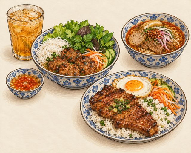 Illustration of Vietnamese rice-noodle bowls and broken rice