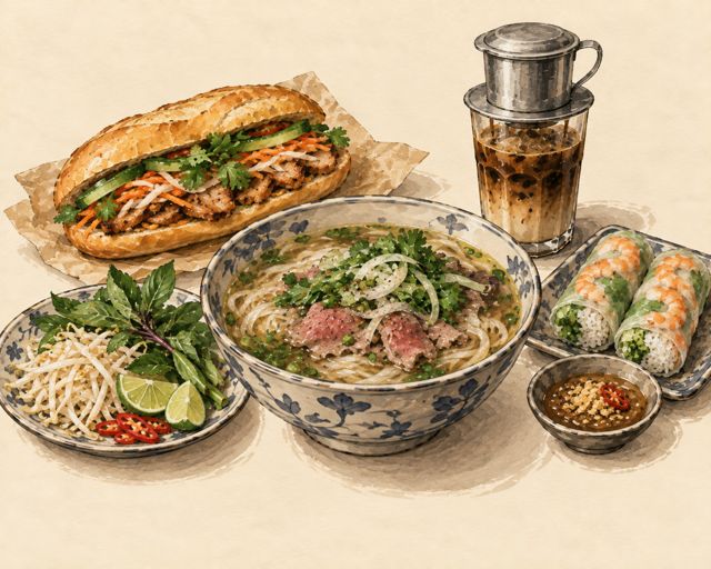 Illustration of a Vietnamese table: pho, a banh mi and fresh rolls