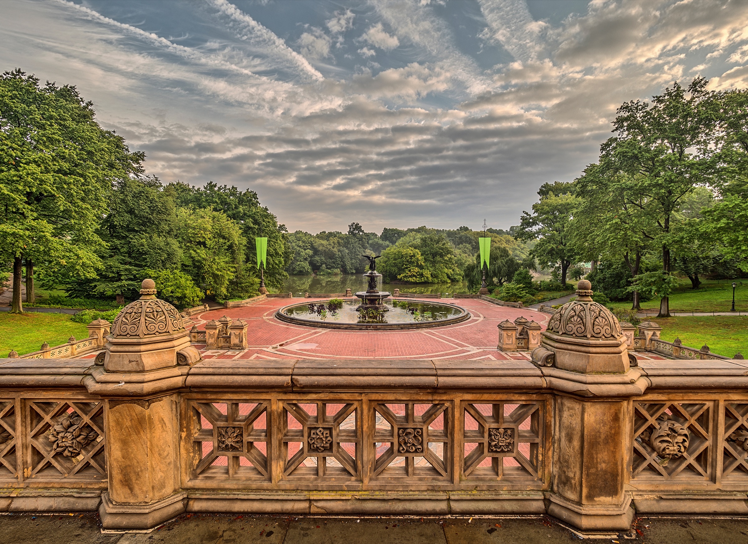 Bethesda Fountain's Angel of the Waters with the Lake and terrace staircases behind