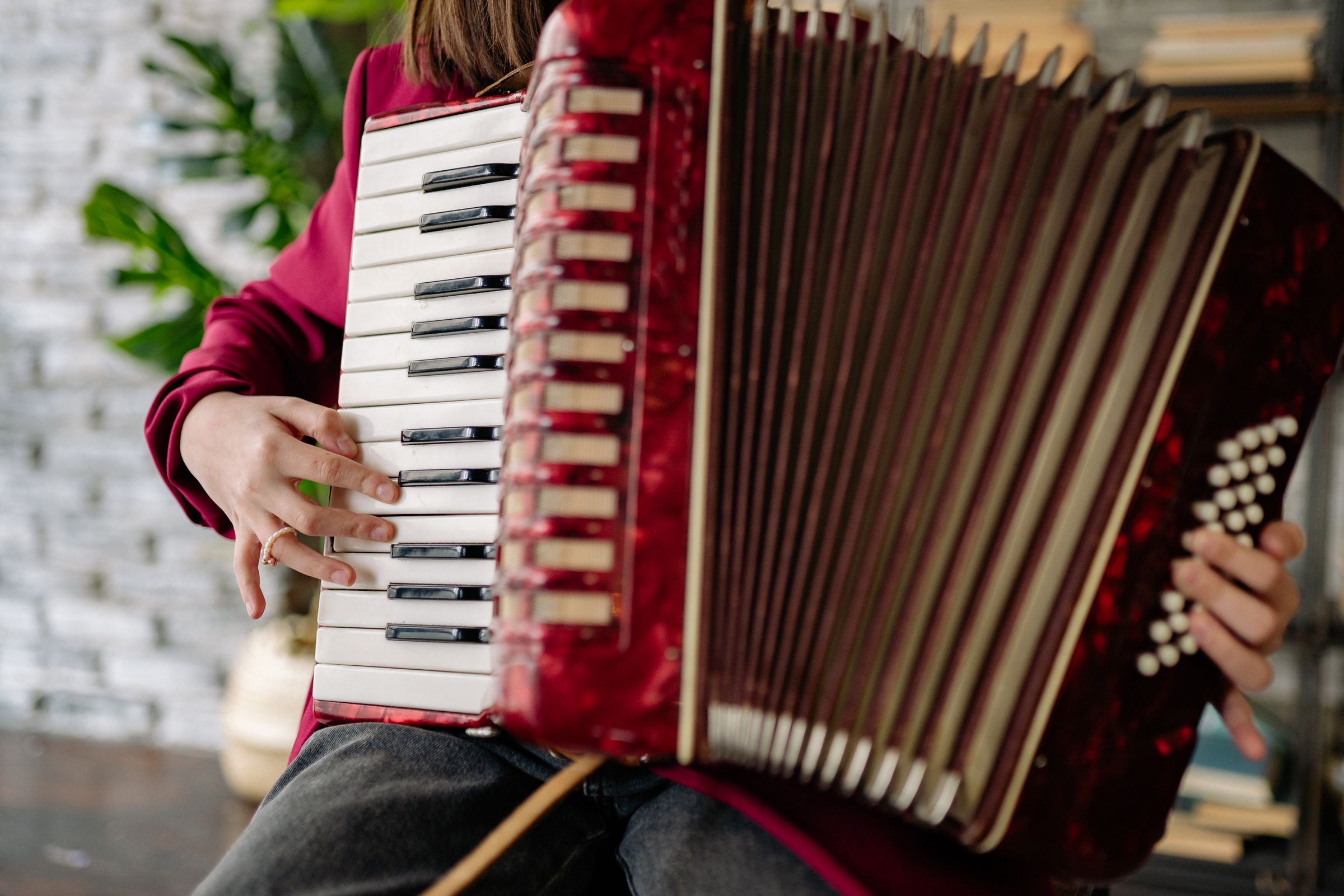 Hands on a red accordion