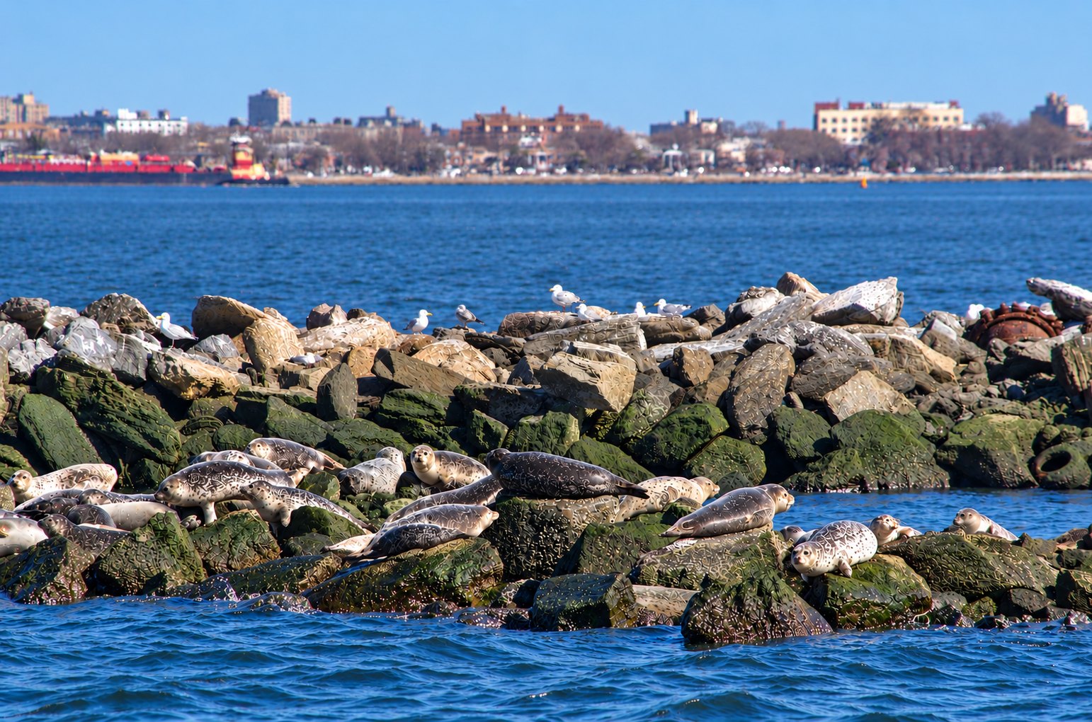 Harbor seals hauled out on the rocks in New York Harbor under a clear winter sky