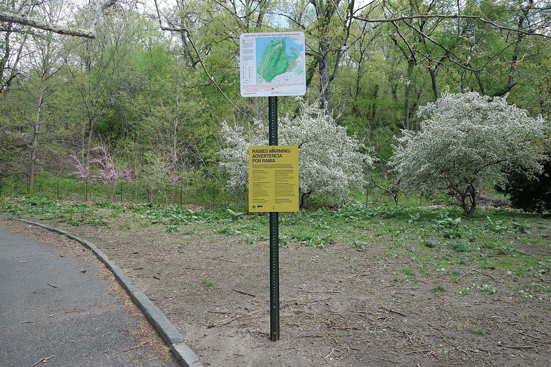 A path climbing into the woods of Inwood Hill Park from Payson Avenue, with a park sign at the entrance
