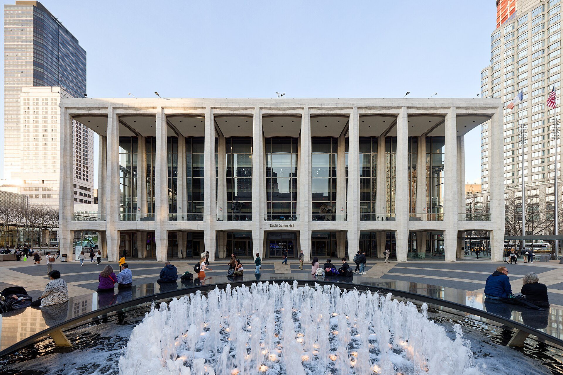 David Geffen Hall across the Lincoln Center plaza fountain, 2024