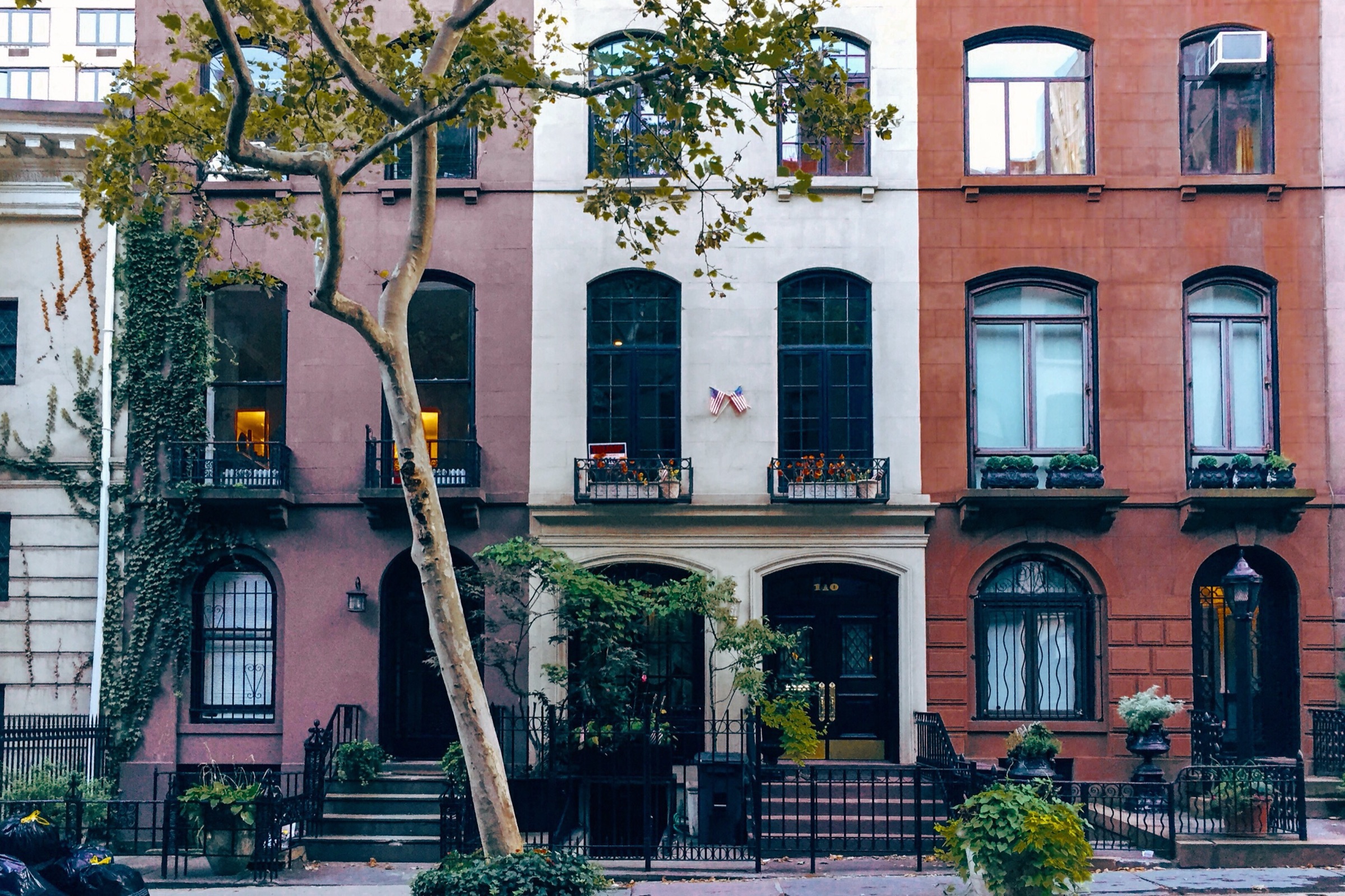A tree-lined New York street of brick rowhouses with stoops in afternoon light
