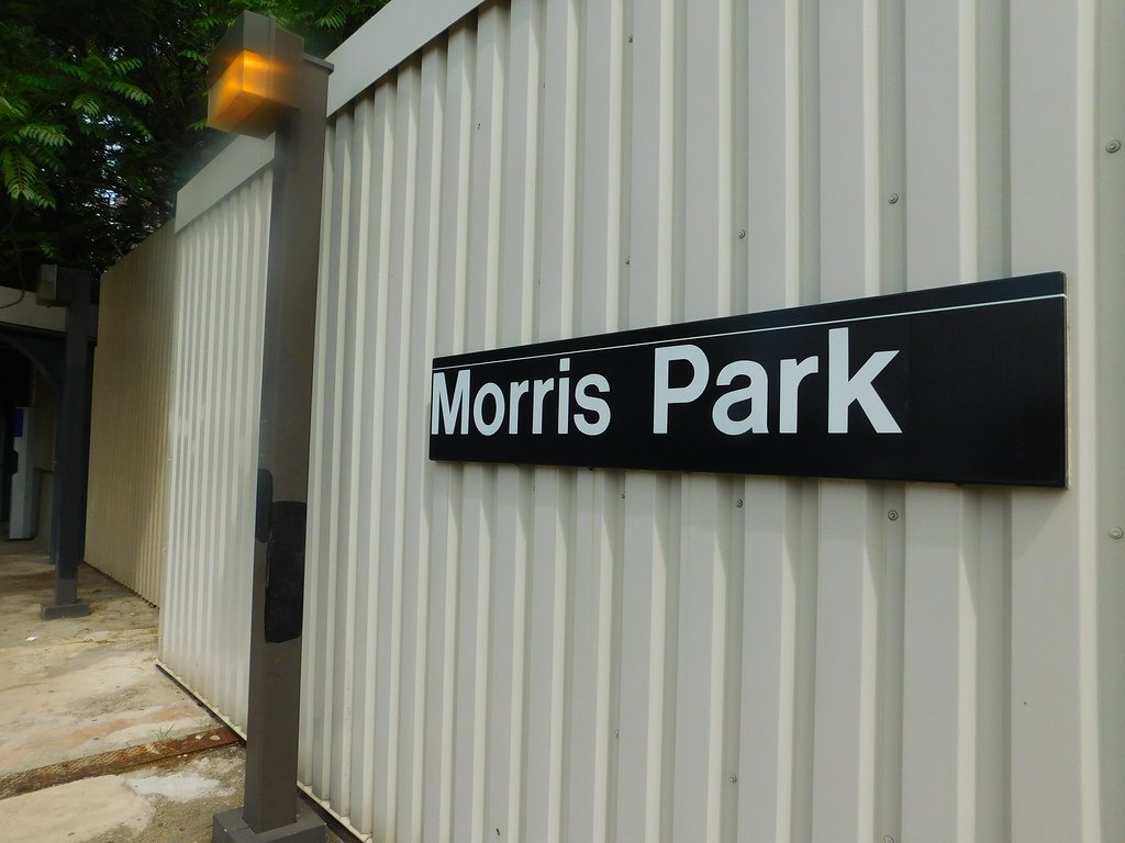 The Morris Park station sign on the Dyre Avenue line in the Bronx