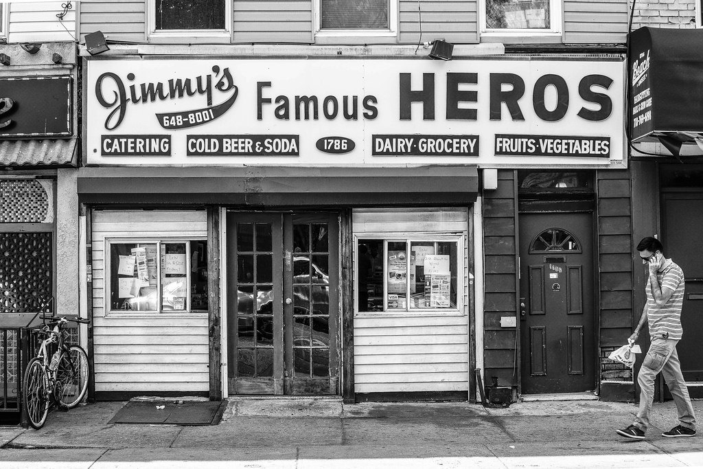 Jimmy's Famous Heros, the old sandwich shop on Sheepshead Bay Road, in black and white