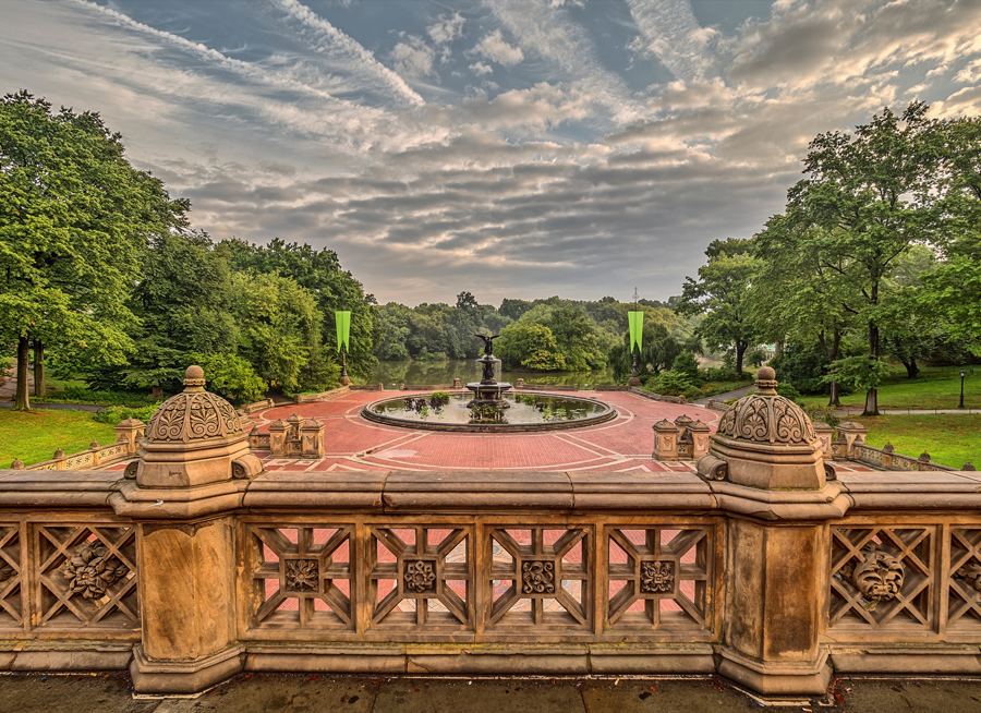 Bethesda Fountain's Angel of the Waters with the Lake and terrace staircases behind