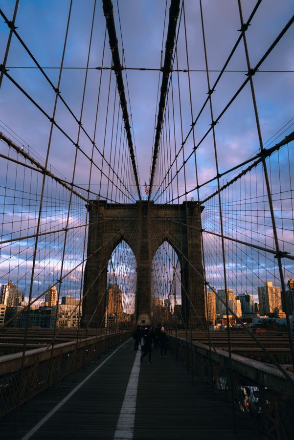The Brooklyn Bridge walkway at dawn